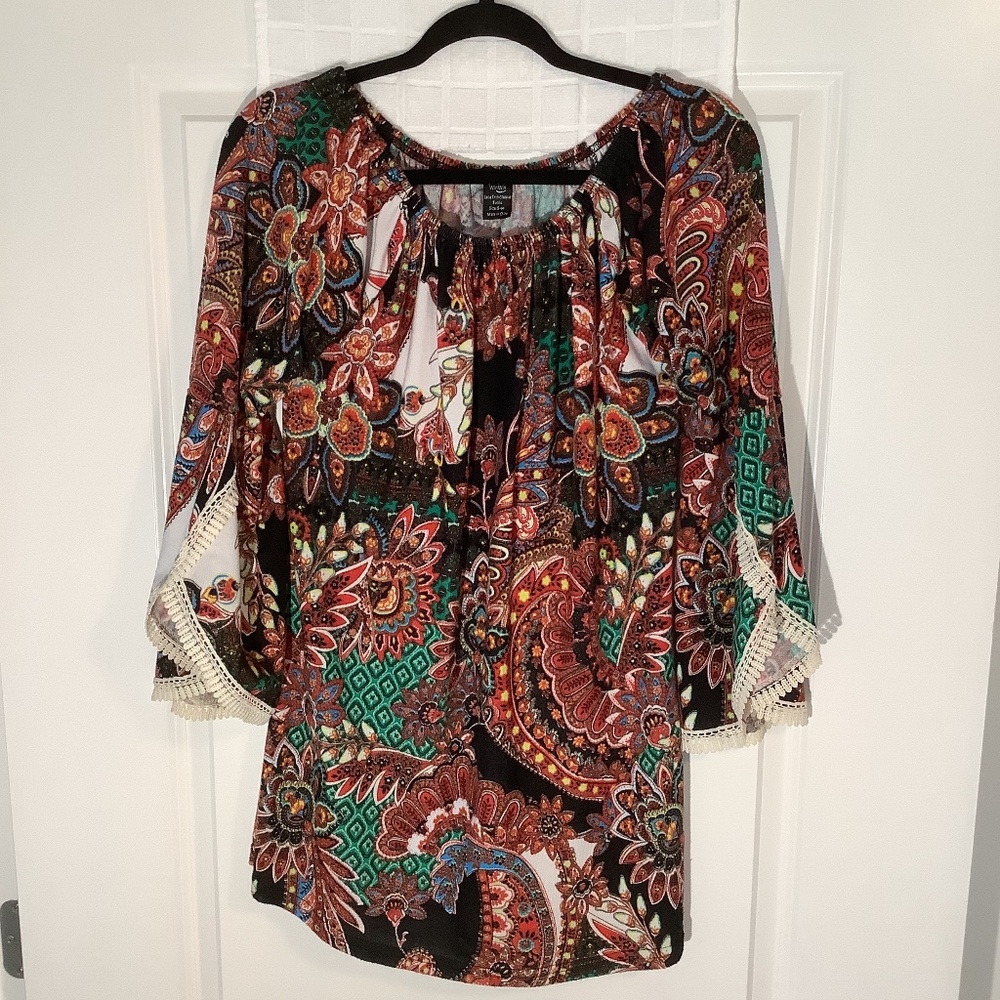Win Win Ladies Pullover / Lace Trim Sleeves Tunic Top Multi Color Size S-M